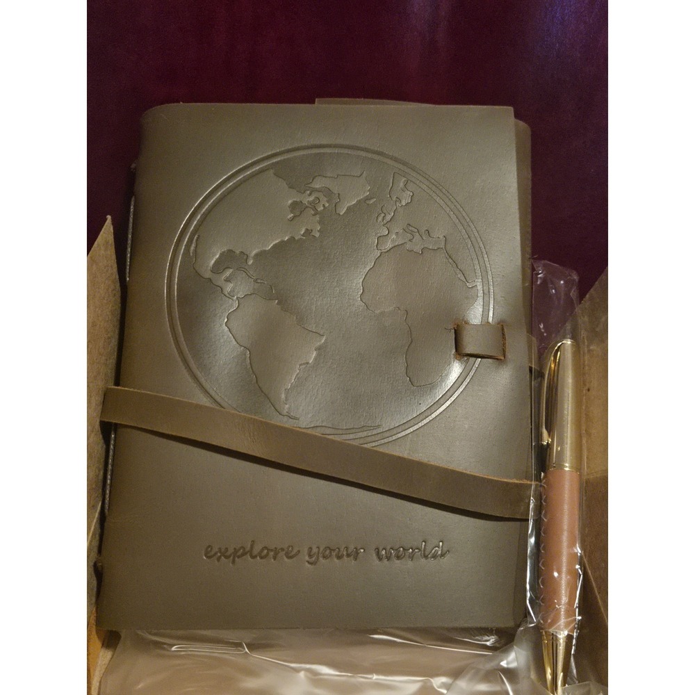 A Steal! Priced low. Leather Journal with World Map Embossed & Pen 300 Pgs
